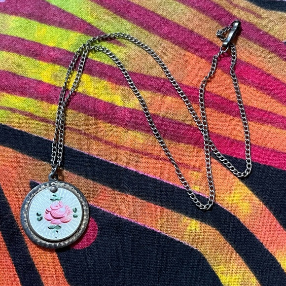 VTG Guilloche Enamel Rose Sterling Silver Catholic Religious Medal Necklace - Picture 7 of 8